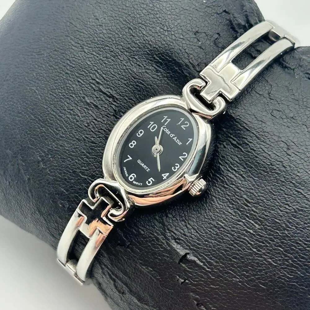 Cote d'Azur Silver Tone Black Dial Women’s Watch Working New Battery